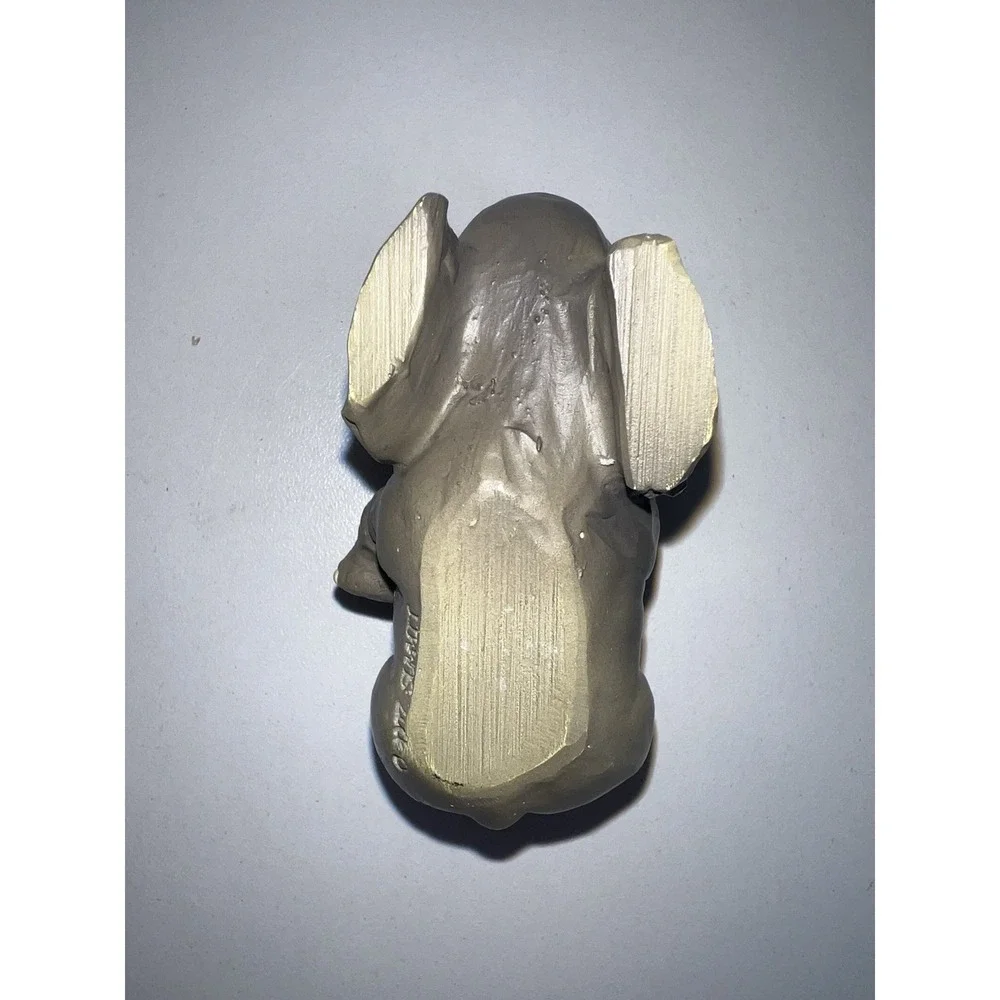 Hand Carved Mini Lucky Elephant Figurine Trunk Raised 3 Inch Gray 2007 Signed‎